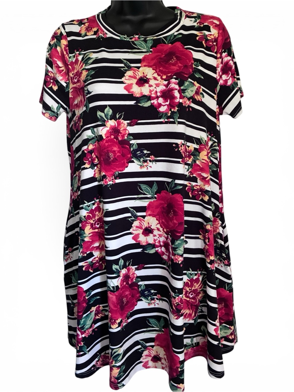 Floral Skater Stripe Short Sleeve Swing T-shirt Dress Black Red White Sz M